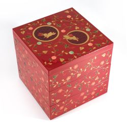 Red Japanese jyubako lunch box with rabbit and arabesque pattern - USAGI KARAKUSA - 15x15x15cm