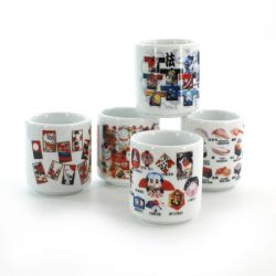 set of 5 traditional Japanese sake cups, WAGARA, japanese motifs