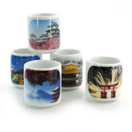 Set mit 5 traditionellen japanischen Sake-Cups, FOTO NIHON FÛKEI, Landschaft