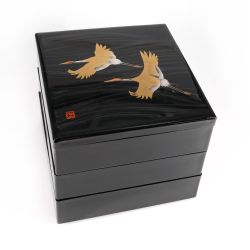 Japanese black jyubako lunch box with Japanese cranes pattern - SHOKAKU - 19.8x19.8x18.4cm