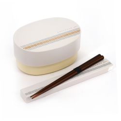 White oval Japanese Bento lunch box with traditional Edo pattern and its matching pair of chopsticks, MIKUZUSHIMON, 13.6cm