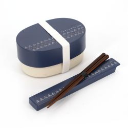 Japanese blue oval Bento lunch box with traditional Edo pattern and its matching pair of chopsticks, UROKOMON, 13.6cm