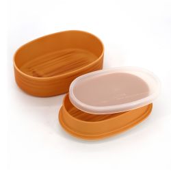 Brown wood-colored oval Japanese bento box with matching pair of chopsticks, WAPPA, 13.6cm