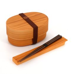 Brown wood-colored oval Japanese bento box with matching pair of chopsticks, WAPPA, 13.6cm