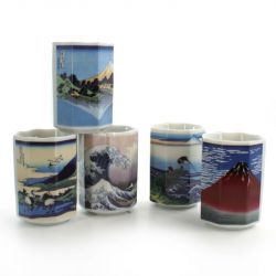 five octogonal teacups set with 5 differents fujisan pictures white FUJI-GARA
