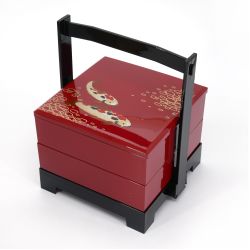 Red jyubako lunch box with Koi carp pattern - NISHIKIKOI - 17.5x15.5x20cm