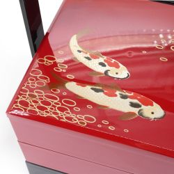 Red jyubako lunch box with Koi carp pattern - NISHIKIKOI - 17.5x15.5x20cm