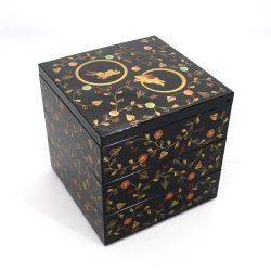 Japanese black jyubako lunch box with rabbit and arabesque pattern, USAGI KARAKUSA, 15x15x15cm