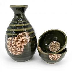 Keramik Sake Service, Flasche und 2 Tassen, grün und Kreise mit braunen Mustern - JIOMETORI