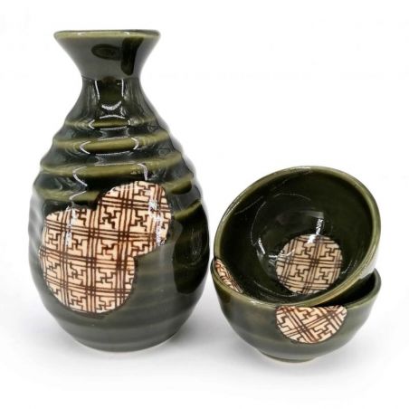 Servicio de sake de cerámica, botella y 2 tazas, verde y círculos con patrones marrones - JIOMETORI