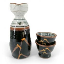 Ceramic sake service, bottle and 2 cups, brown, brushed patterns - MIGAKIMASU