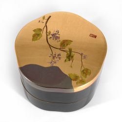 Golden Japanese jyubako lunch box with sparrow and tree branch pattern - HAOTOMUSUBI - 16.5x16.5x11cm