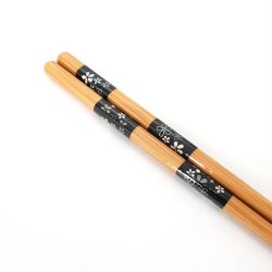 Pair of Japanese chopsticks, black with flower patterns - TANAKA HASHITEN