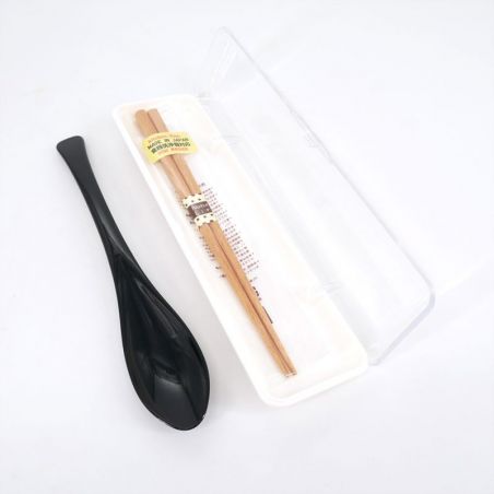 Set de 1 paire de petites baguettes et 1 cuillère noire avec étui en plastique - TANAKA HASHITEN