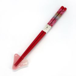 Pair of red Japanese chopsticks with cherry blossom pattern and the matching mount fuji chopstick rest - FUJI - 22.5 cm