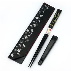 Pair of black Japanese wooden chopsticks with crane and turtle pattern and its matching case - TSURUKAME - 22.5 cm