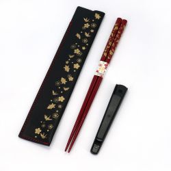 Pair of red Japanese wooden chopsticks with crane and turtle pattern and its matching case - TSURUKAME - 22.5 cm