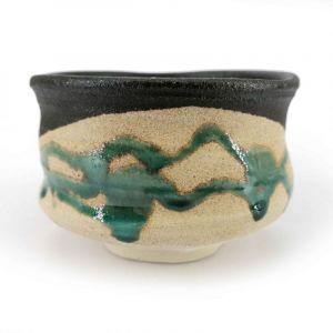 Bowl for Japanese tea ceremony in ceramic, black and beige with turquoise drips - TAKOIZU SHITATARI
