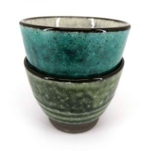 Duo of ceramic tea cups, gray blue and green - NACHURARU