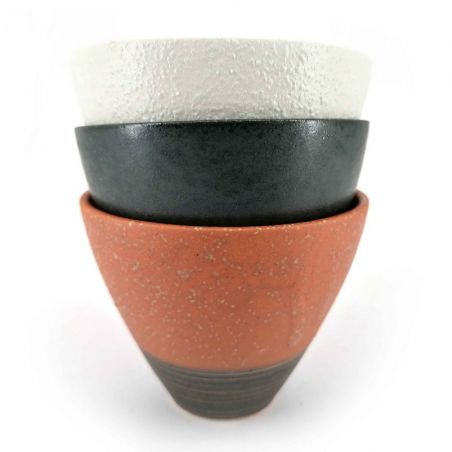 Set of 3 ceramic tea cups, brick red, black, white - TORIKORORU