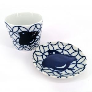 Ceramic tea cup with saucer, white and blue bird - AOI CHIDORI