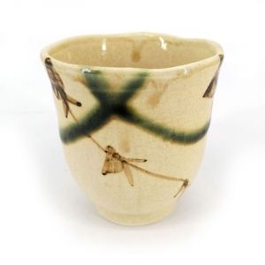 Tasse à thé japonaise en céramique, beige lignes vertes - BEJU