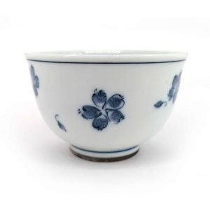 Japanese ceramic tea cup, white with blue flowers - HANA