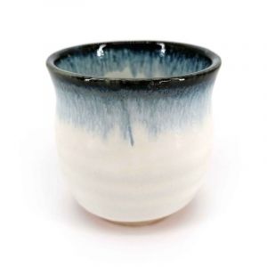 Japanese ceramic tea cup, white, blue border - KYOKAI