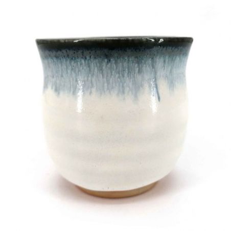 Taza de té de cerámica japonesa, blanco, borde azul - KYOKAI