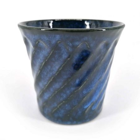Tasse à thé japonaise en céramique évasée,bleu nuit, stries diagonales - MIDDONAITOBURU