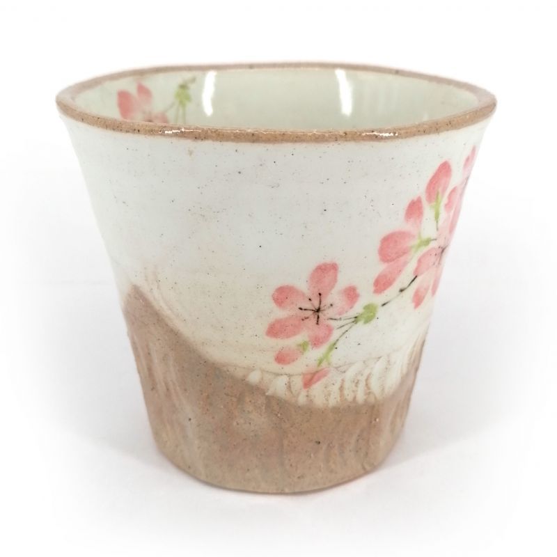 Japanese flared ceramic tea cup, beige and brown - SAKURA