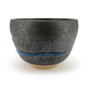 Tasse à thé japonaise en céramique, marron et ligne bleue - RAIN