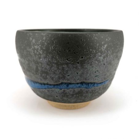 Cuenco de té de cerámica japonesa, línea marrón y azul - RAIN