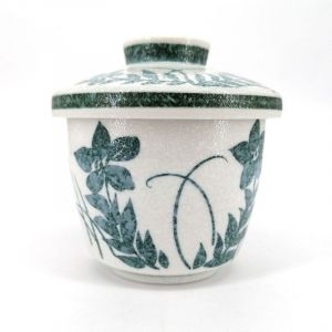 Taza japonesa con tapa chawan mushi, flores grises y azules - AOI HANA