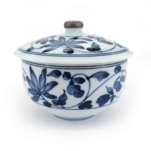 Japanese round mug with lid chawan mushi, white, blue floral pattern - BURUFURORARU