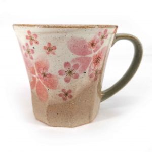 Japanese ceramic mug with handle, beige and pink - SAKURA
