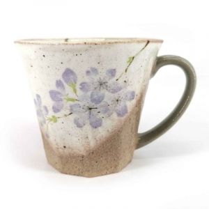 Japanese ceramic mug with handle, beige and purple - SAKURA