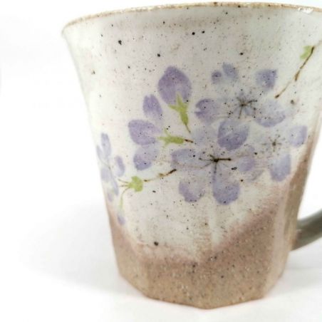 Taza de cerámica japonesa con asa, beige y violeta - SAKURA