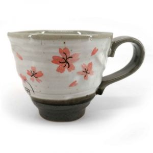 Japanese ceramic mug with handle, gray and pink sakura - SAKURA