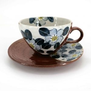 Tasse à thé en céramique avec anse et soucoupe, marron et fleurs - AOI HANA