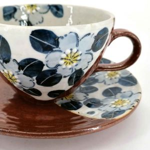Ceramic tea cup with handle and saucer, brown and flowers - AOI HANA