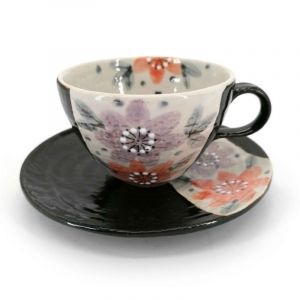 Tasse à thé en céramique avec anse et soucoupe, noir et fleurs - HANA