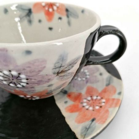 Ceramic tea cup with handle and saucer, black and flowers - HANA
