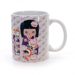 cup with kokeshi peony flower patterns white VIVID MUG KOKESHI BOTAN