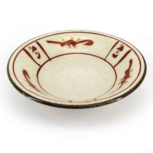 Small Japanese high white ceramic plate with red patterns - FUDE KAKI