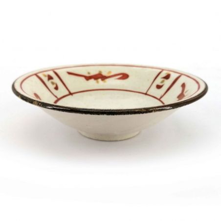 Piccolo piatto alto giapponese in ceramica bianca con motivi rossi - FUDE KAKI