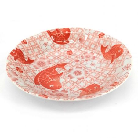 Round ceramic deep plate, red, fish and sakura pattern - SHIPPO