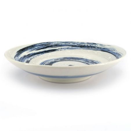 Round ceramic plate, blue and white, brush effect - SENPU