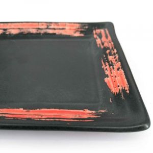 Plato japonés rectangular de cerámica negra con pincel rojo - MIGAKIMASU