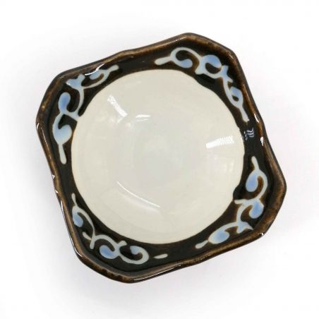 Petit récipient carré japonais en céramique marron avec arabesques bleues - ARABESUKU
